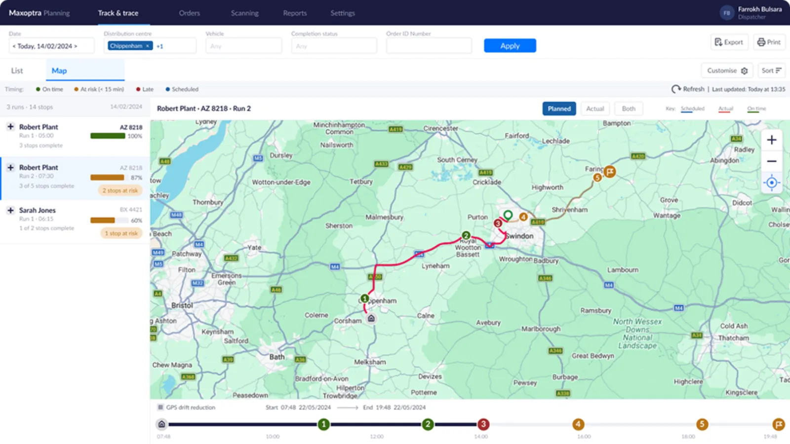 Map view, live vehicle position with route context and stop pins